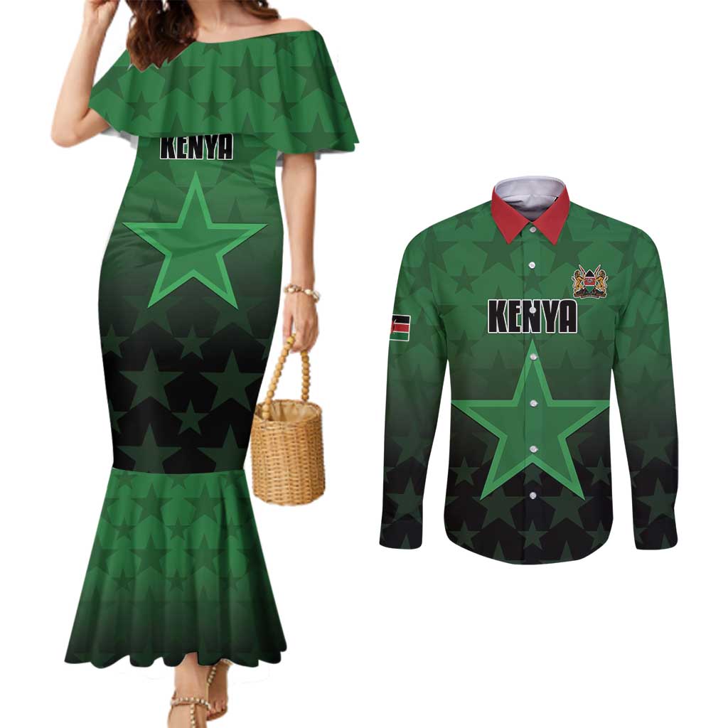 Custom Kenya Football Couples Matching Mermaid Dress and Long Sleeve Button Shirt Go Harambee Stars - Green Jersey - Wonder Print Shop