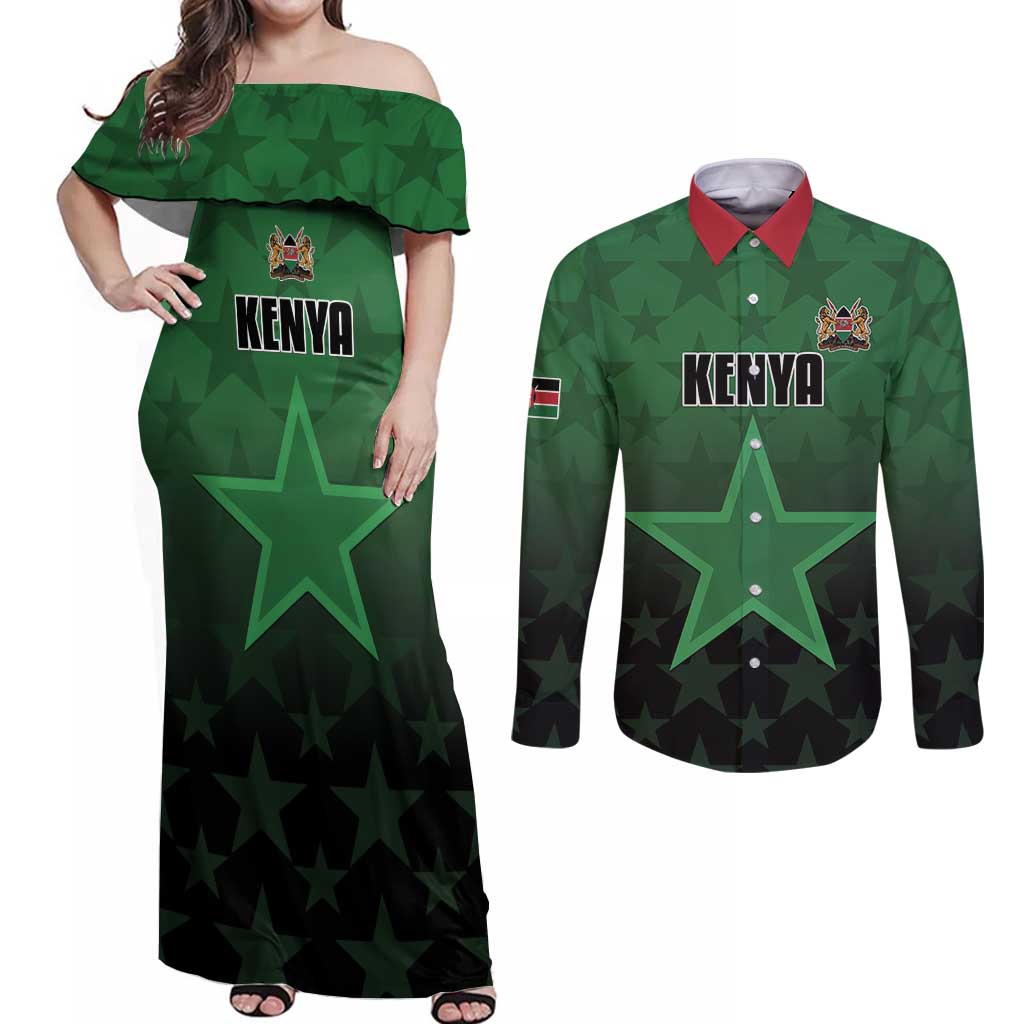 Custom Kenya Football Couples Matching Off Shoulder Maxi Dress and Long Sleeve Button Shirt Go Harambee Stars - Green Jersey - Wonder Print Shop