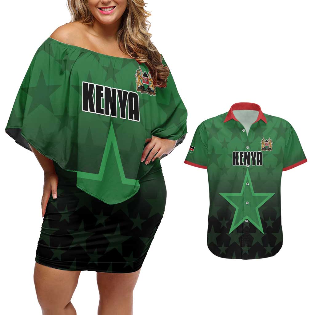 Custom Kenya Football Couples Matching Off Shoulder Short Dress and Hawaiian Shirt Go Harambee Stars - Green Jersey - Wonder Print Shop