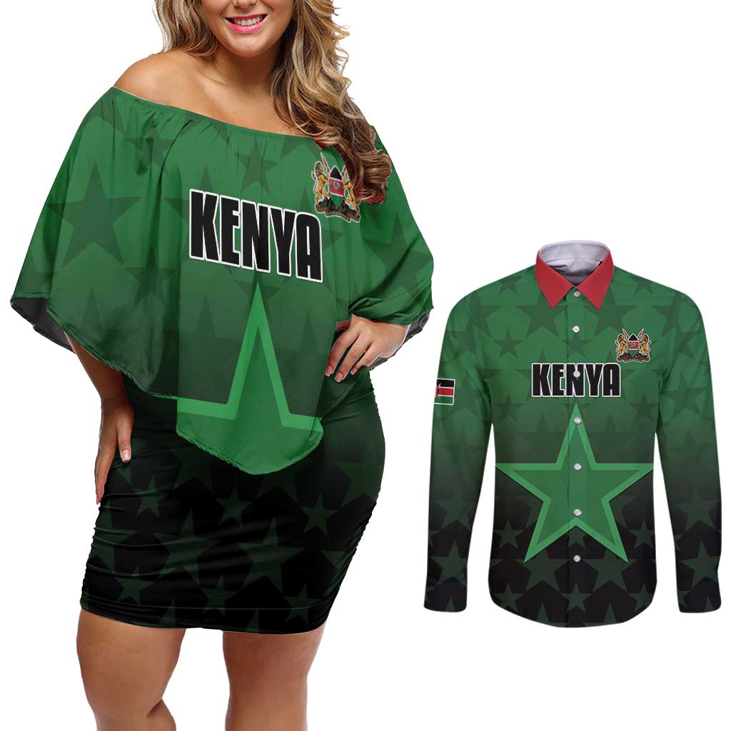 Custom Kenya Football Couples Matching Off Shoulder Short Dress and Long Sleeve Button Shirt Go Harambee Stars - Green Jersey - Wonder Print Shop