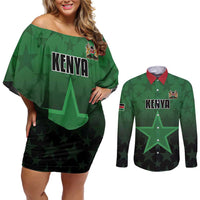 Custom Kenya Football Couples Matching Off Shoulder Short Dress and Long Sleeve Button Shirt Go Harambee Stars - Green Jersey - Wonder Print Shop
