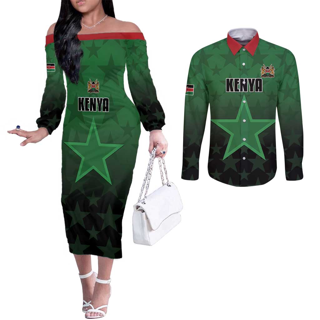 Custom Kenya Football Couples Matching Off The Shoulder Long Sleeve Dress and Long Sleeve Button Shirt Go Harambee Stars - Green Jersey - Wonder Print Shop