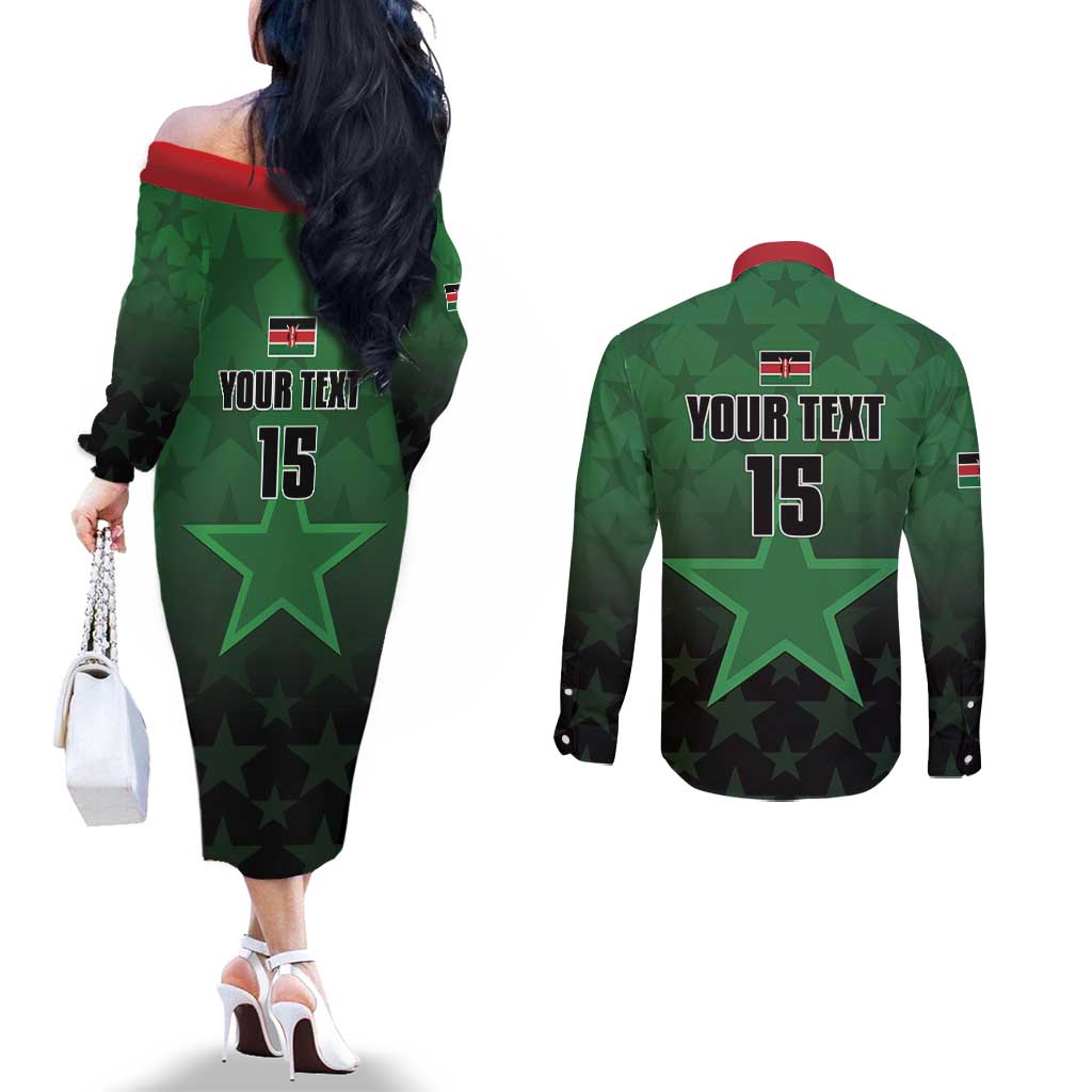 Custom Kenya Football Couples Matching Off The Shoulder Long Sleeve Dress and Long Sleeve Button Shirt Go Harambee Stars - Green Jersey - Wonder Print Shop