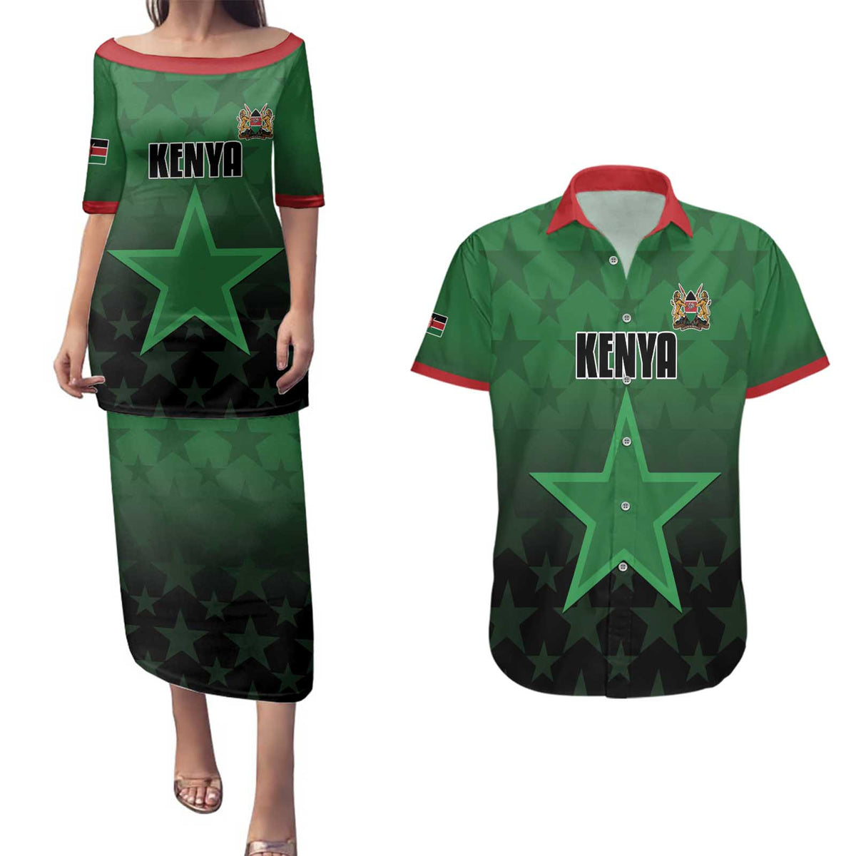 Custom Kenya Football Couples Matching Puletasi and Hawaiian Shirt Go Harambee Stars - Green Jersey - Wonder Print Shop