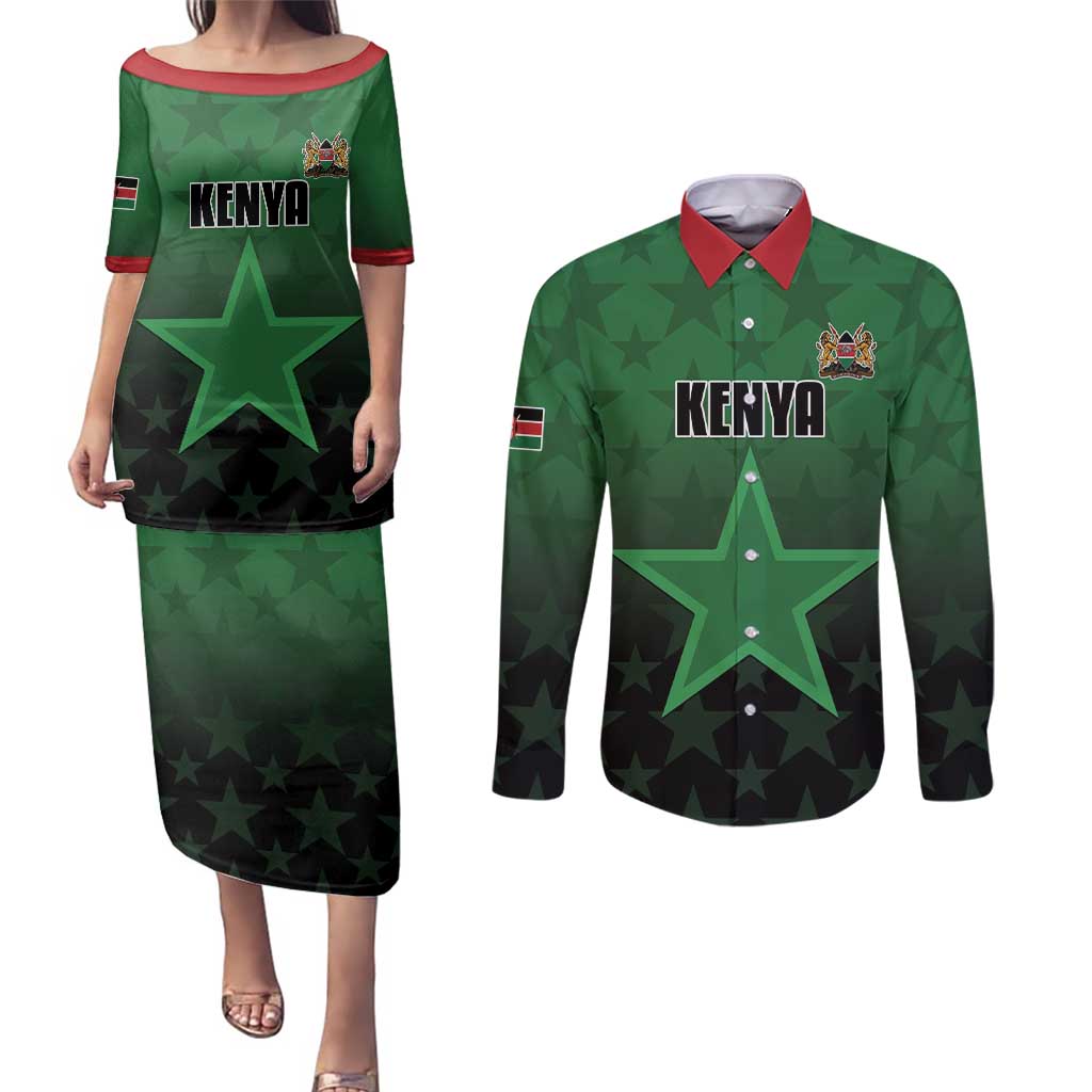 Custom Kenya Football Couples Matching Puletasi and Long Sleeve Button Shirt Go Harambee Stars - Green Jersey - Wonder Print Shop