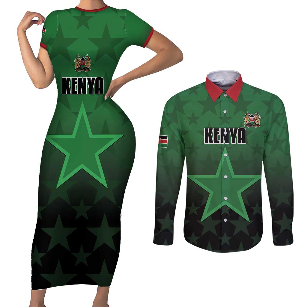 Custom Kenya Football Couples Matching Short Sleeve Bodycon Dress and Long Sleeve Button Shirt Go Harambee Stars - Green Jersey - Wonder Print Shop