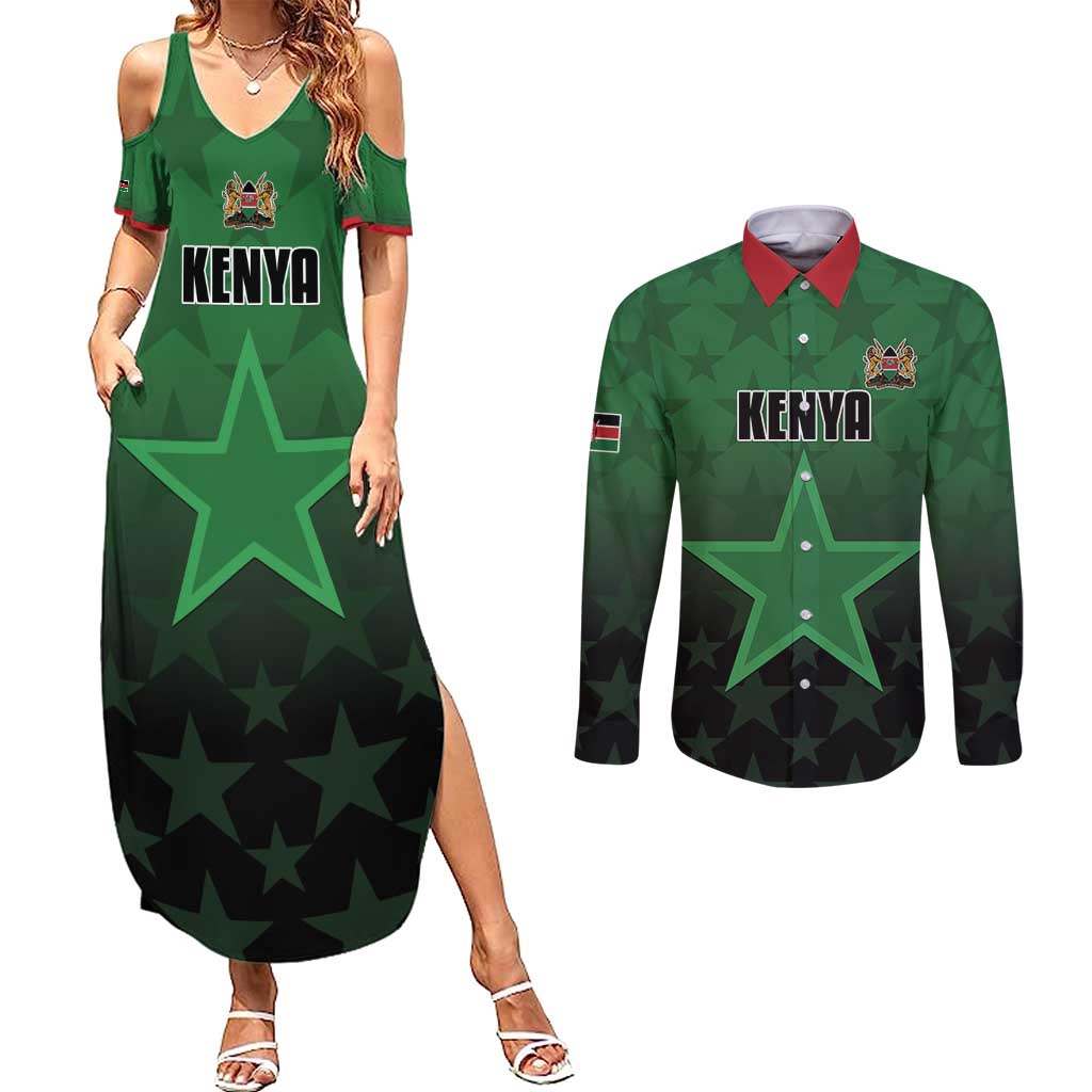 Custom Kenya Football Couples Matching Summer Maxi Dress and Long Sleeve Button Shirt Go Harambee Stars - Green Jersey - Wonder Print Shop