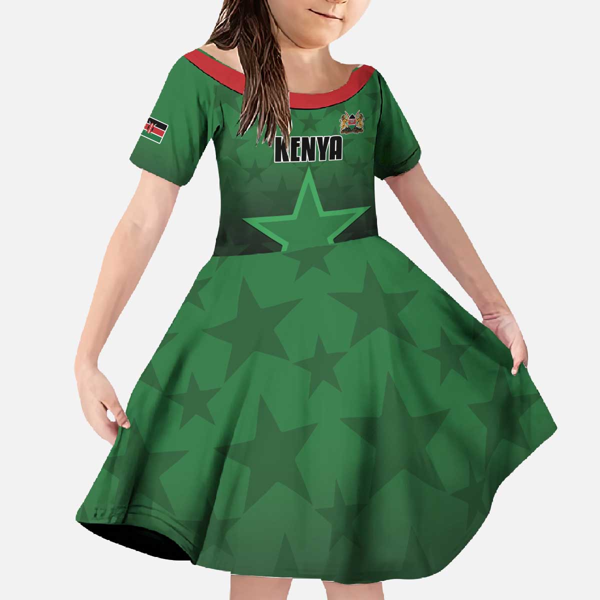 Custom Kenya Football Family Matching Off The Shoulder Long Sleeve Dress and Hawaiian Shirt Go Harambee Stars - Green Jersey - Wonder Print Shop