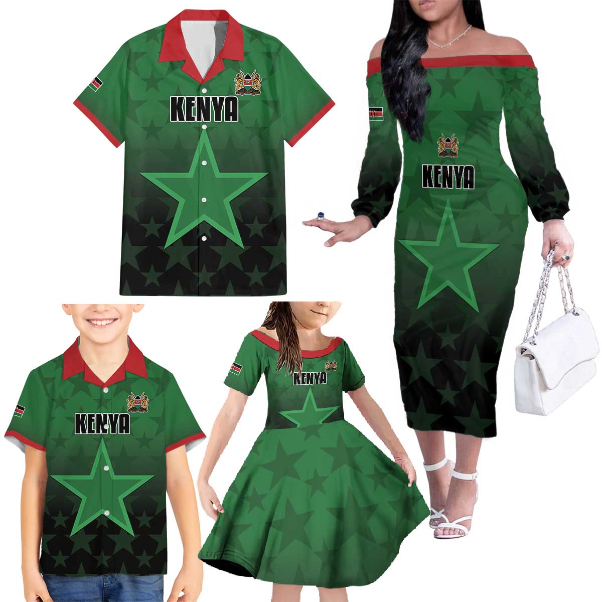 Custom Kenya Football Family Matching Off The Shoulder Long Sleeve Dress and Hawaiian Shirt Go Harambee Stars - Green Jersey - Wonder Print Shop