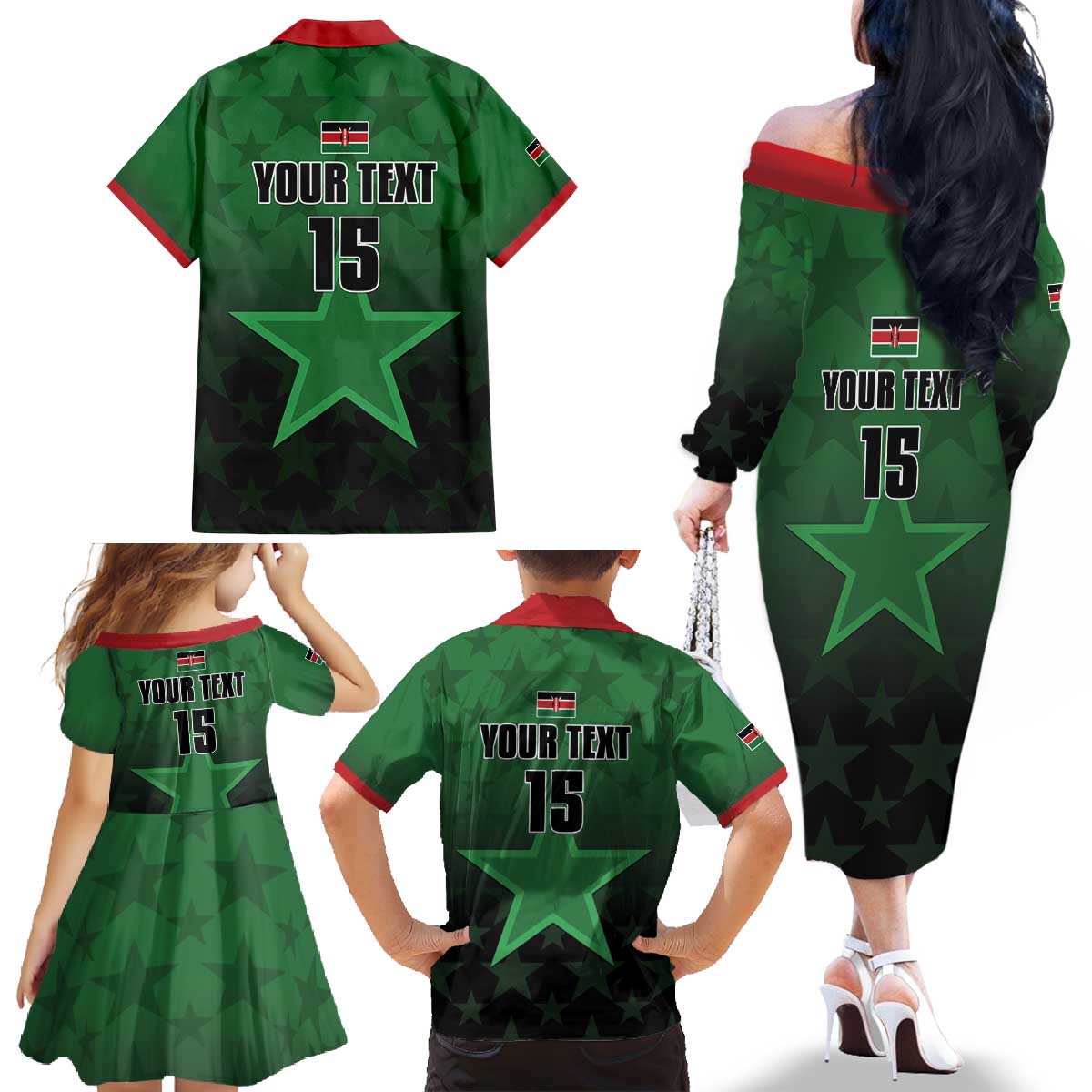 Custom Kenya Football Family Matching Off The Shoulder Long Sleeve Dress and Hawaiian Shirt Go Harambee Stars - Green Jersey - Wonder Print Shop