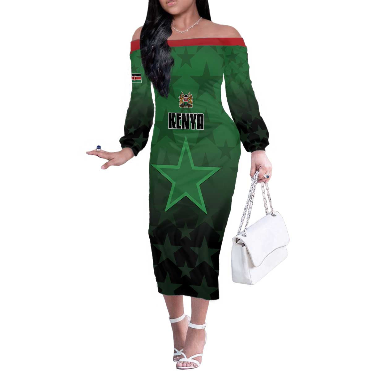 Custom Kenya Football Family Matching Off The Shoulder Long Sleeve Dress and Hawaiian Shirt Go Harambee Stars - Green Jersey - Wonder Print Shop