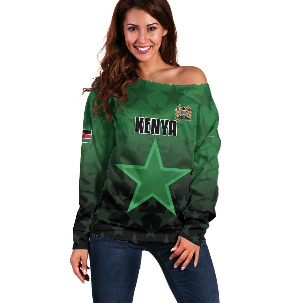 Custom Kenya Football Off Shoulder Sweater Go Harambee Stars - Green Jersey - Wonder Print Shop