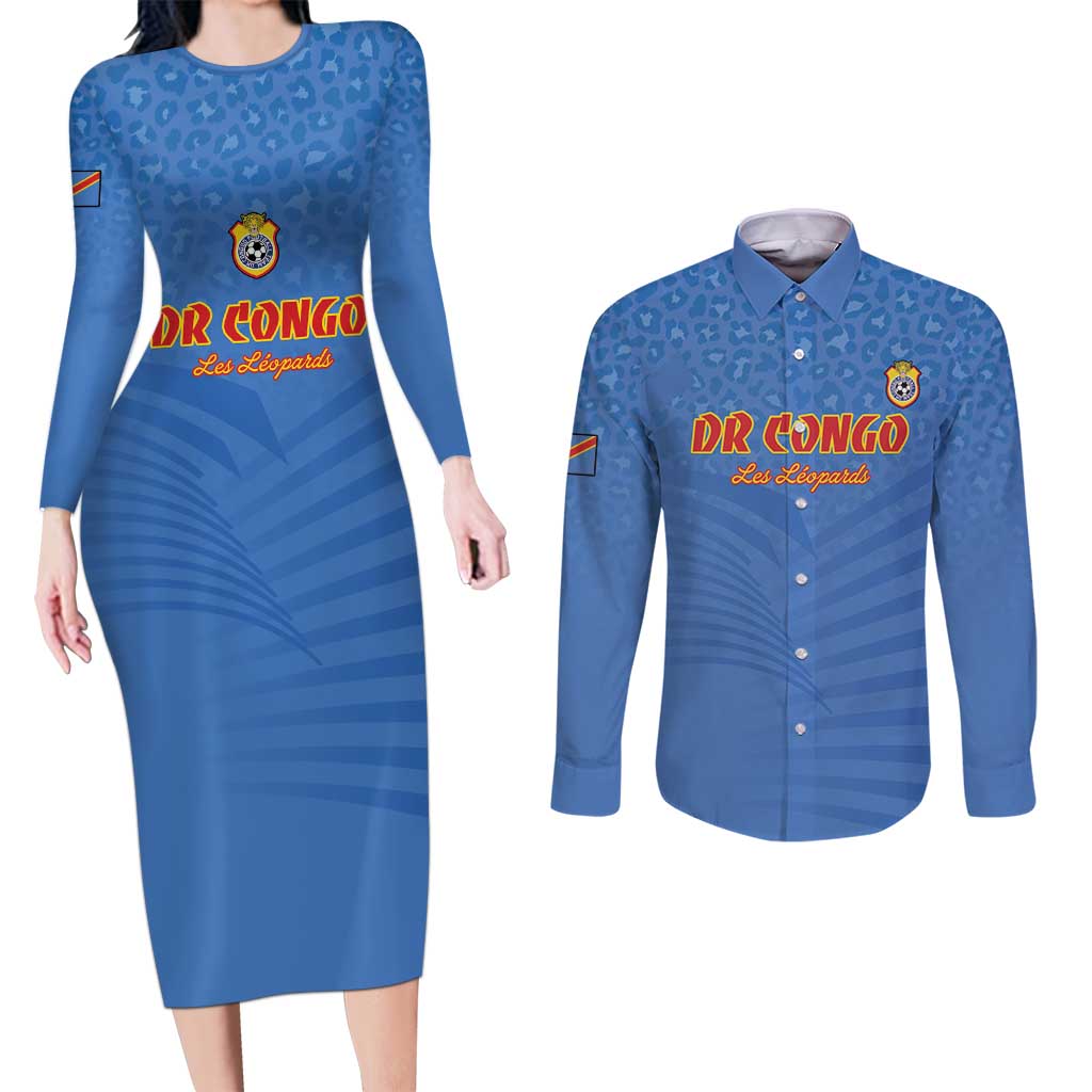 Custom DR Congo Football Couples Matching Long Sleeve Bodycon Dress and Long Sleeve Button Shirt Come On Les Léopards - Wonder Print Shop