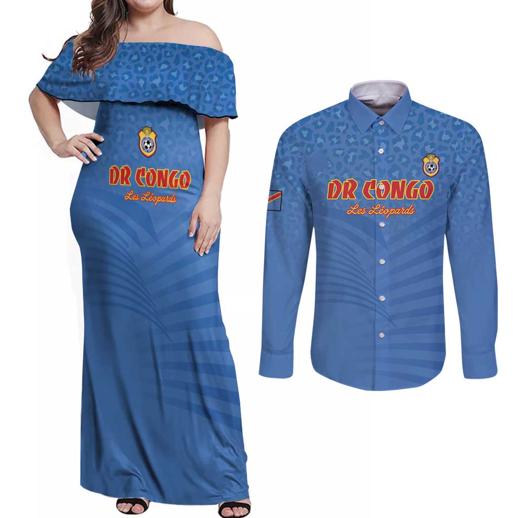Custom DR Congo Football Couples Matching Off Shoulder Maxi Dress and Long Sleeve Button Shirt Come On Les Léopards - Wonder Print Shop