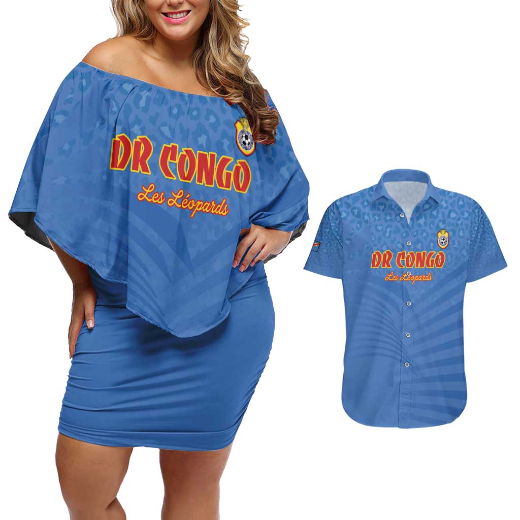 Custom DR Congo Football Couples Matching Off Shoulder Short Dress and Hawaiian Shirt Come On Les Léopards - Wonder Print Shop