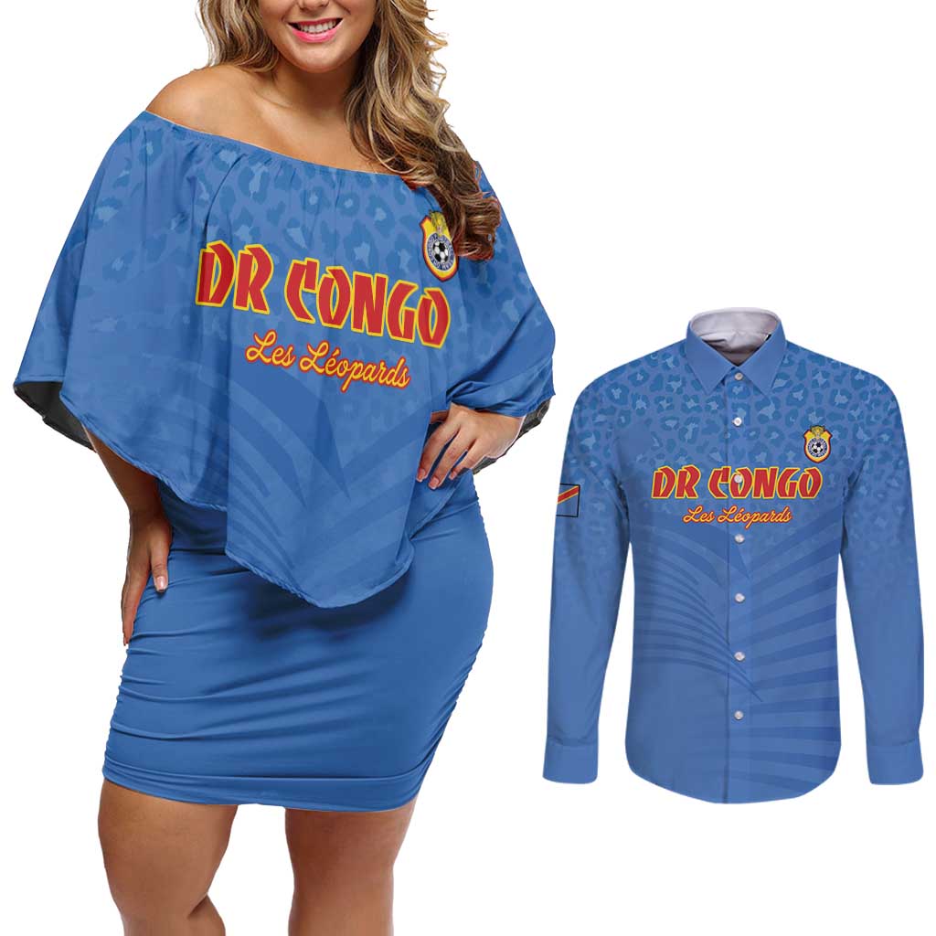 Custom DR Congo Football Couples Matching Off Shoulder Short Dress and Long Sleeve Button Shirt Come On Les Léopards - Wonder Print Shop