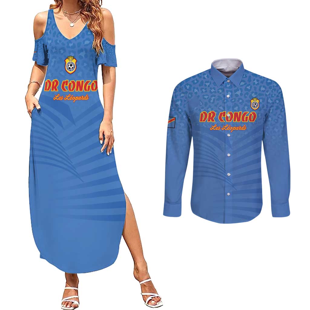 Custom DR Congo Football Couples Matching Summer Maxi Dress and Long Sleeve Button Shirt Come On Les Léopards - Wonder Print Shop