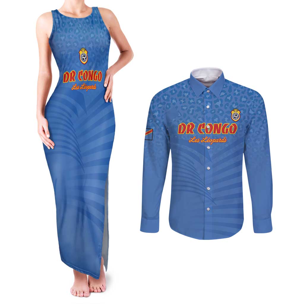 Custom DR Congo Football Couples Matching Tank Maxi Dress and Long Sleeve Button Shirt Come On Les Léopards - Wonder Print Shop