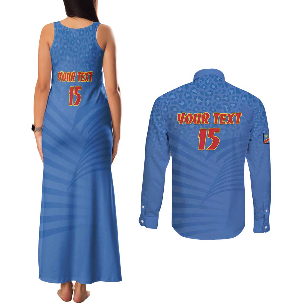 Custom DR Congo Football Couples Matching Tank Maxi Dress and Long Sleeve Button Shirt Come On Les Léopards - Wonder Print Shop