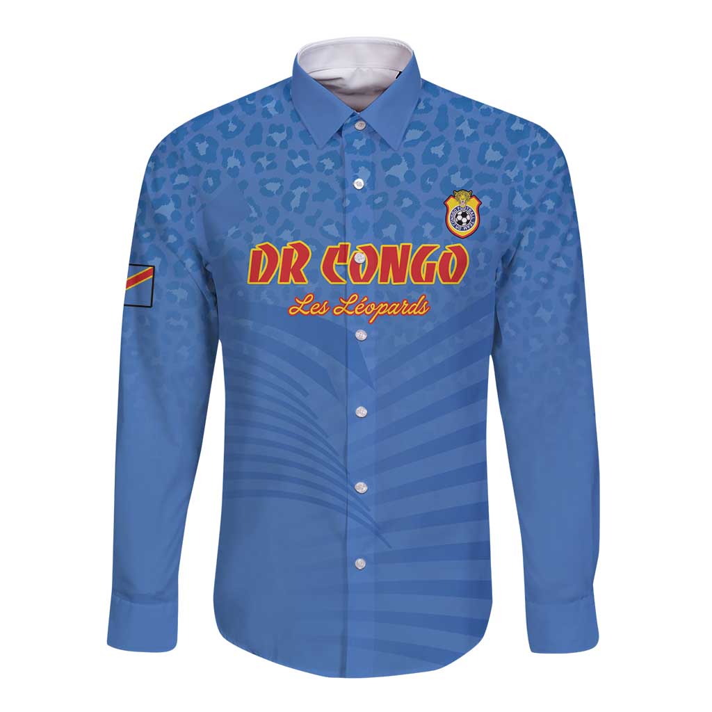 Custom DR Congo Football Long Sleeve Button Shirt Come On Les Léopards - Wonder Print Shop