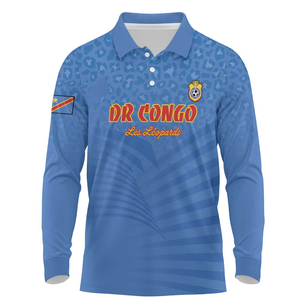 Custom DR Congo Football Long Sleeve Polo Shirt Come On Les Léopards - Wonder Print Shop