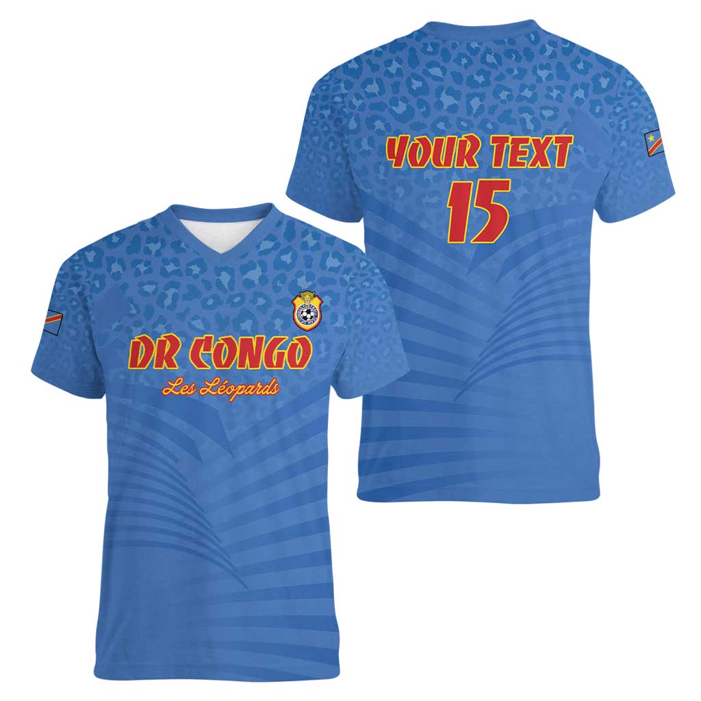 Custom DR Congo Football Women V-Neck T-Shirt Come On Les Léopards - Wonder Print Shop