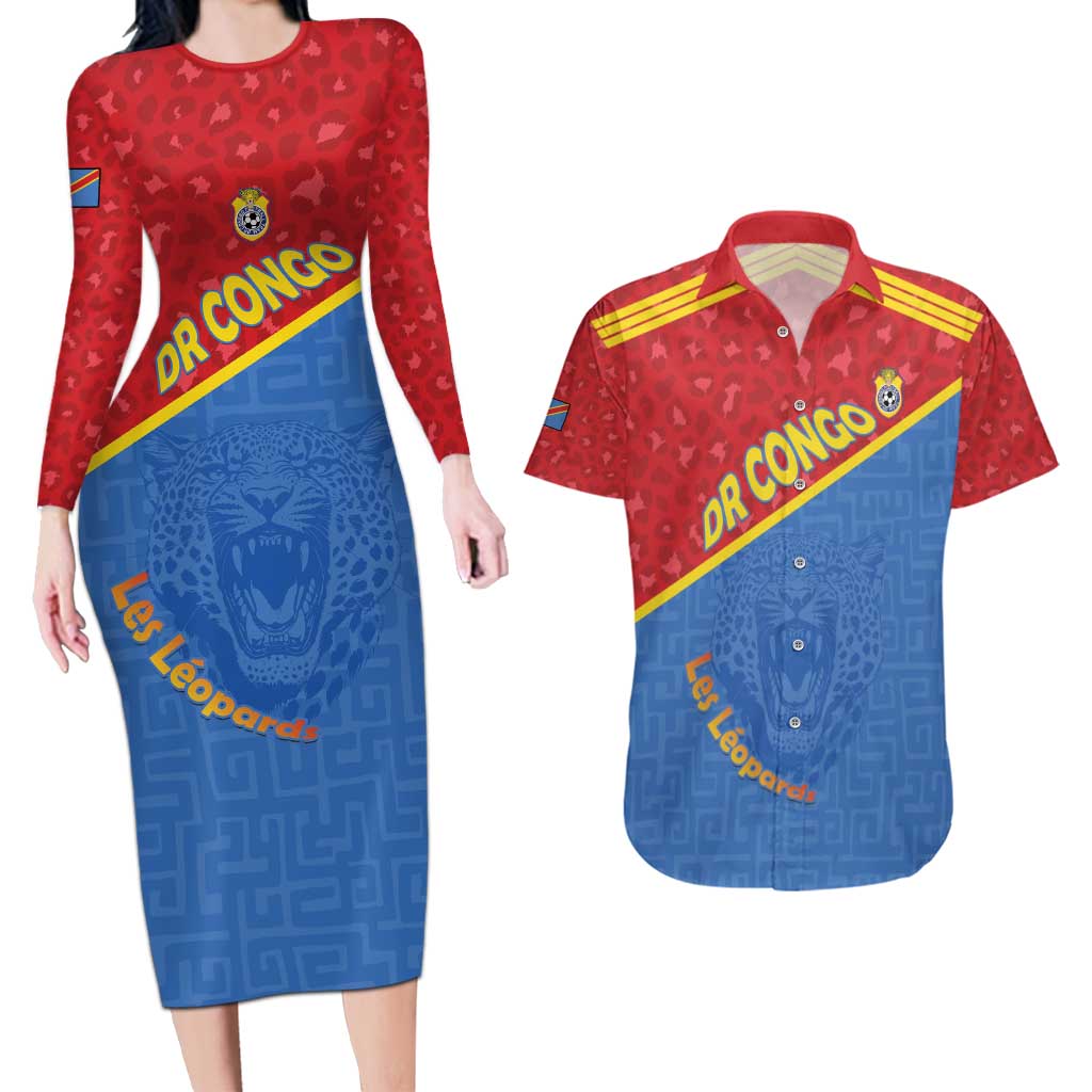 Custom DR Congo Football Couples Matching Long Sleeve Bodycon Dress and Hawaiian Shirt Allez Les Léopards - Wonder Print Shop
