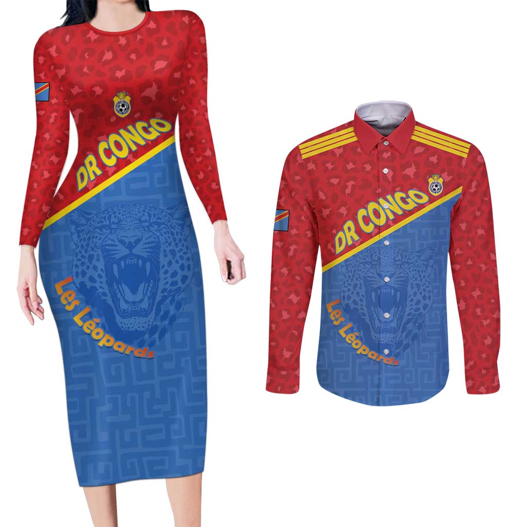 Custom DR Congo Football Couples Matching Long Sleeve Bodycon Dress and Long Sleeve Button Shirt Allez Les Léopards - Wonder Print Shop