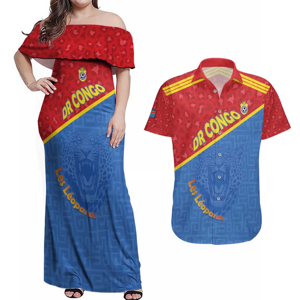 Custom DR Congo Football Couples Matching Off Shoulder Maxi Dress and Hawaiian Shirt Allez Les Léopards - Wonder Print Shop