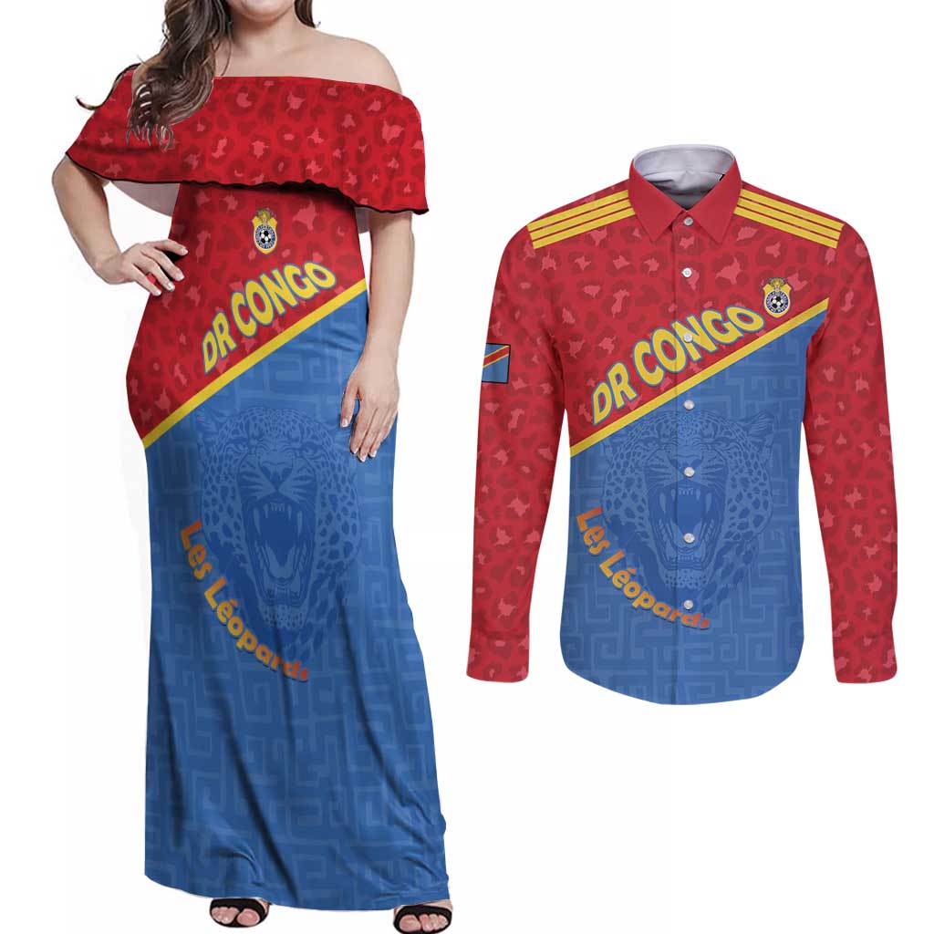 Custom DR Congo Football Couples Matching Off Shoulder Maxi Dress and Long Sleeve Button Shirt Allez Les Léopards - Wonder Print Shop