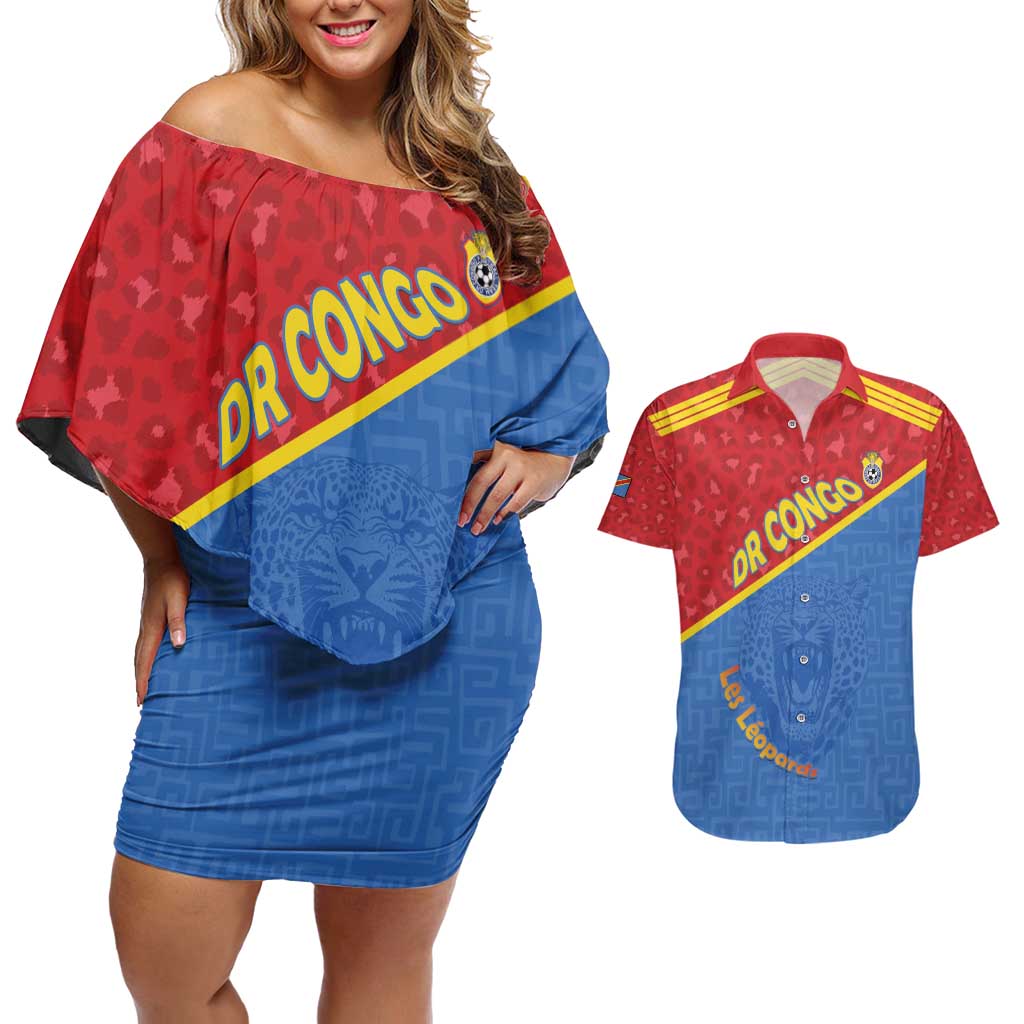 Custom DR Congo Football Couples Matching Off Shoulder Short Dress and Hawaiian Shirt Allez Les Léopards - Wonder Print Shop