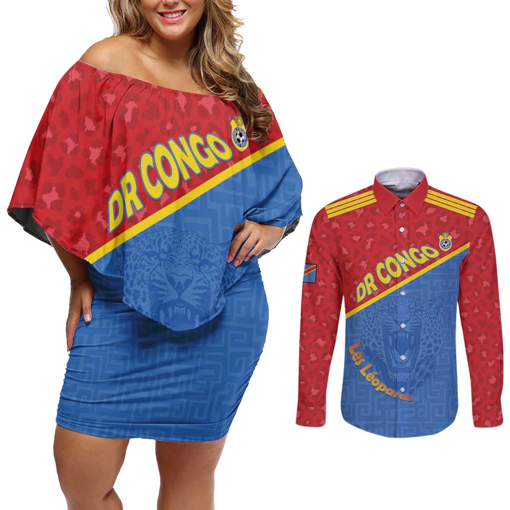 Custom DR Congo Football Couples Matching Off Shoulder Short Dress and Long Sleeve Button Shirt Allez Les Léopards - Wonder Print Shop