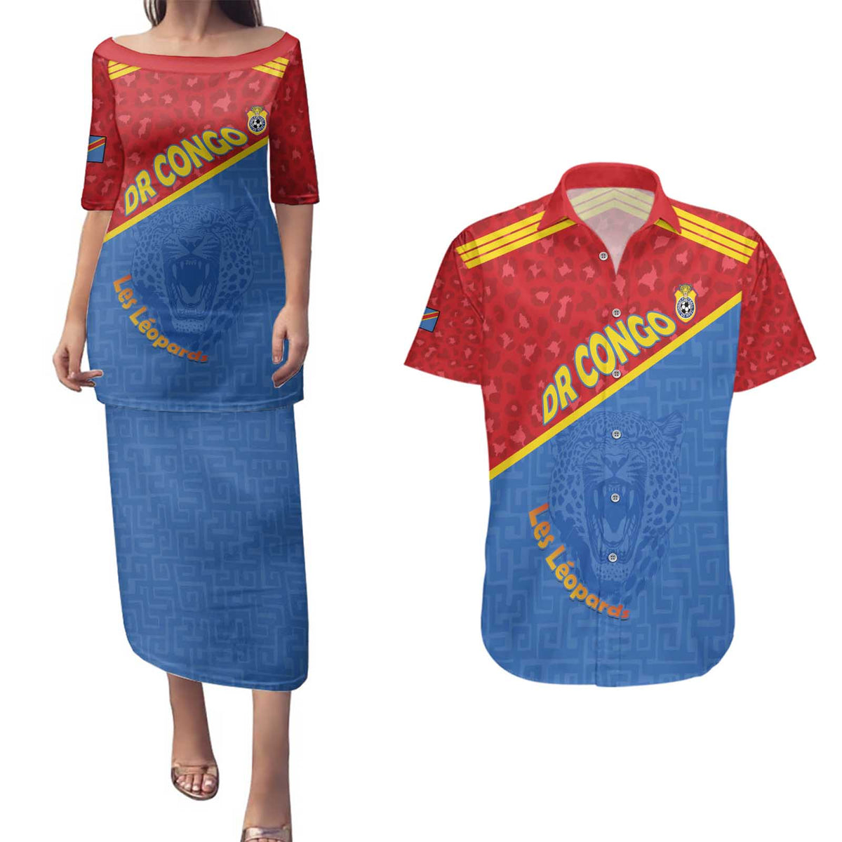 Custom DR Congo Football Couples Matching Puletasi and Hawaiian Shirt Allez Les Léopards - Wonder Print Shop