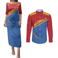 Custom DR Congo Football Couples Matching Puletasi and Long Sleeve Button Shirt Allez Les Léopards - Wonder Print Shop