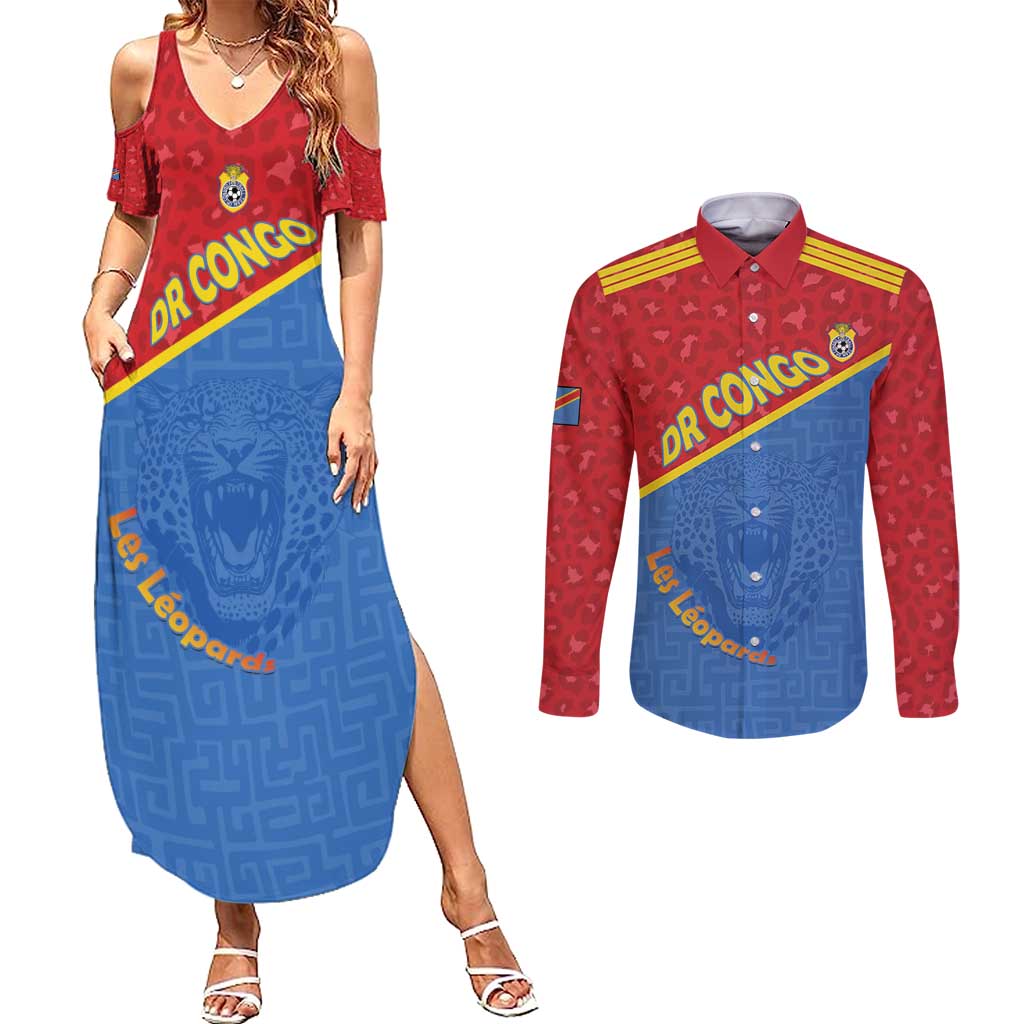 Custom DR Congo Football Couples Matching Summer Maxi Dress and Long Sleeve Button Shirt Allez Les Léopards - Wonder Print Shop