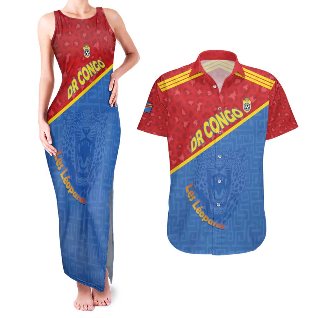 Custom DR Congo Football Couples Matching Tank Maxi Dress and Hawaiian Shirt Allez Les Léopards - Wonder Print Shop