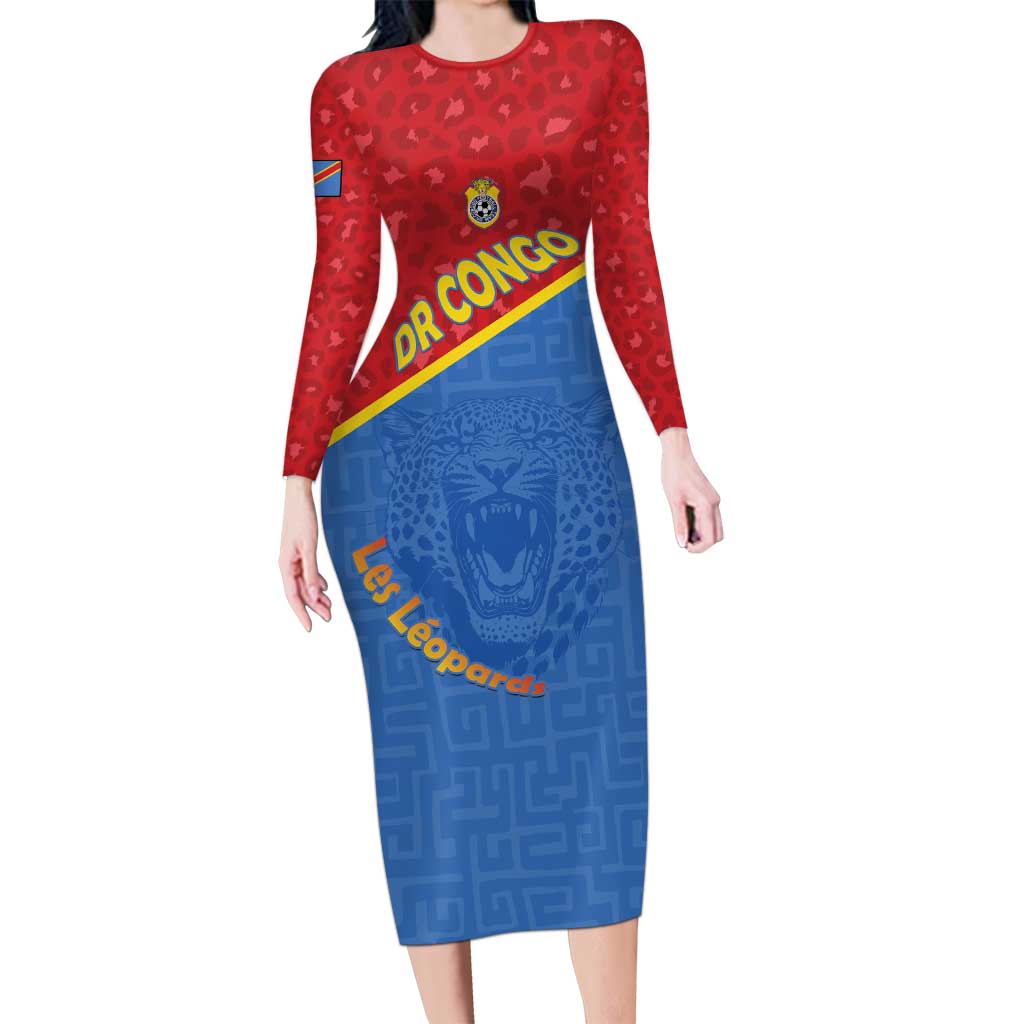Custom DR Congo Football Long Sleeve Bodycon Dress Allez Les Léopards - Wonder Print Shop