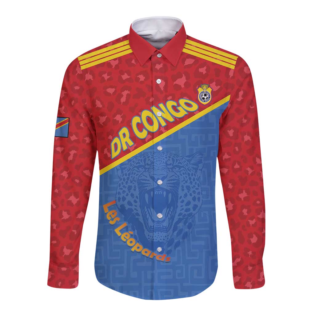 Custom DR Congo Football Long Sleeve Button Shirt Allez Les Léopards - Wonder Print Shop