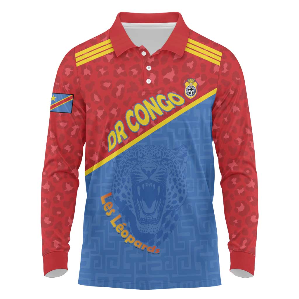 Custom DR Congo Football Long Sleeve Polo Shirt Allez Les Léopards - Wonder Print Shop
