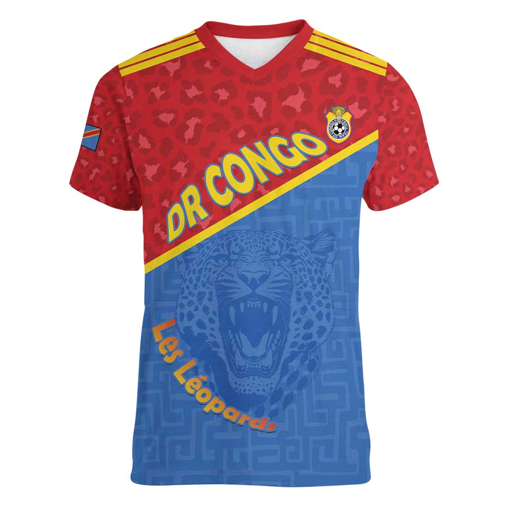 Custom DR Congo Football Women V-Neck T-Shirt Allez Les Léopards - Wonder Print Shop