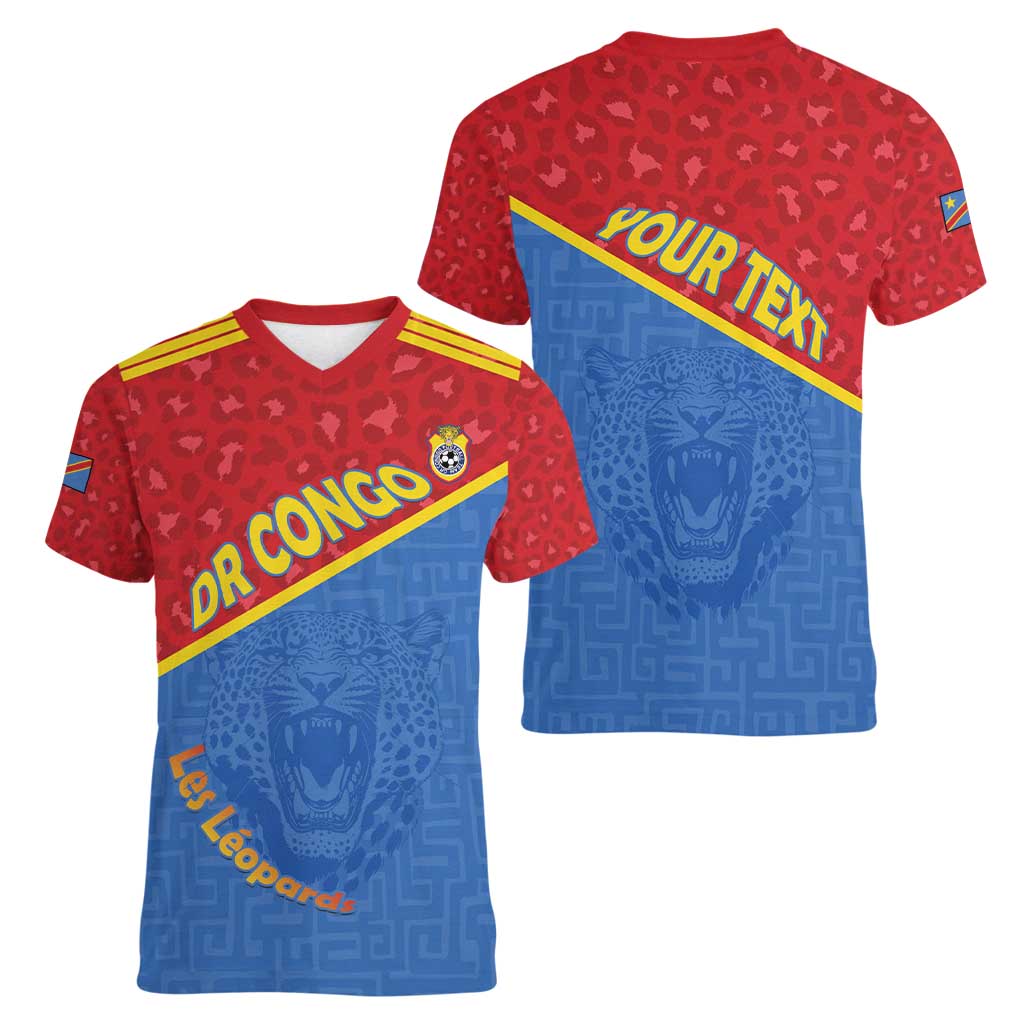 Custom DR Congo Football Women V-Neck T-Shirt Allez Les Léopards - Wonder Print Shop