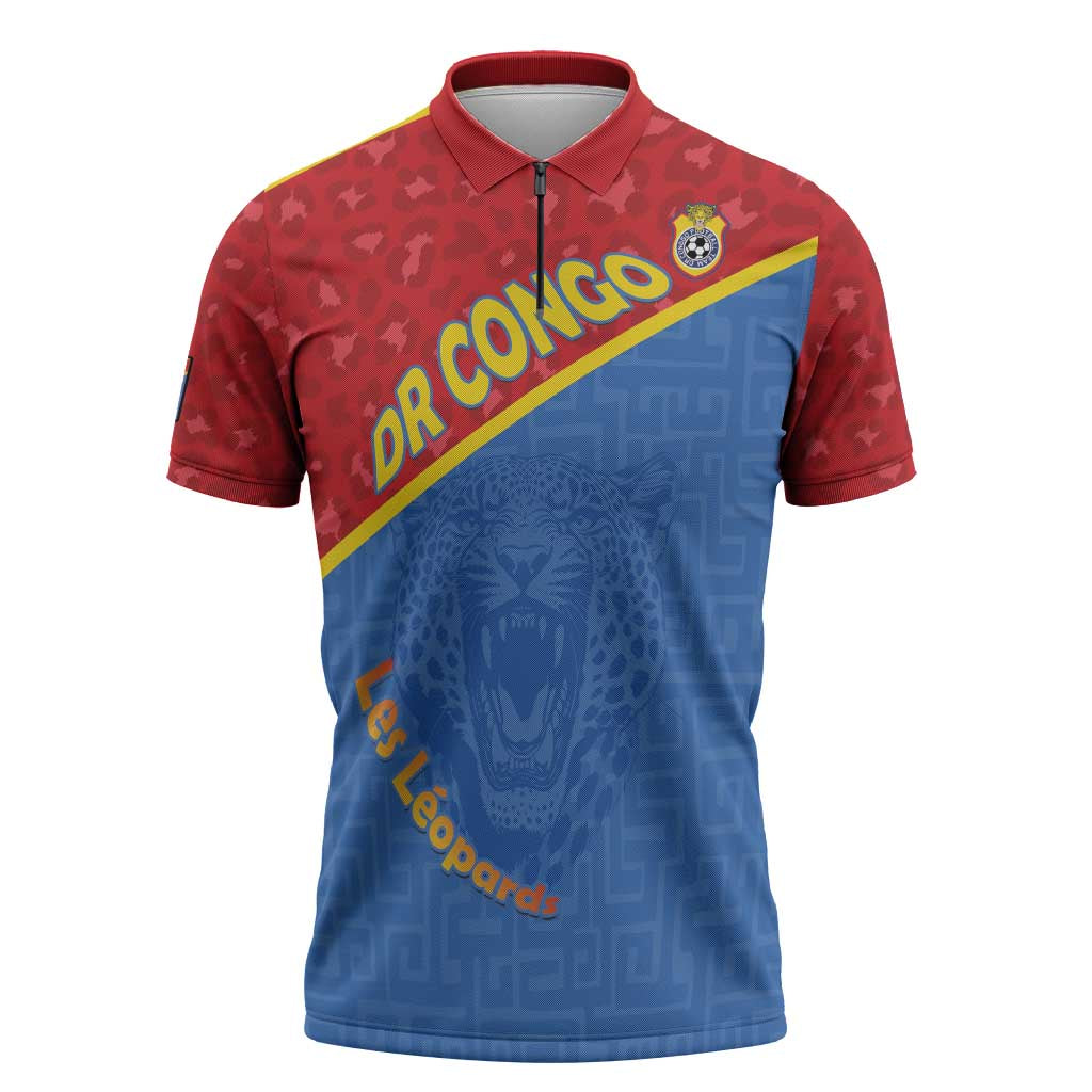 Custom DR Congo Football Zipper Polo Shirt Allez Les Léopards - Wonder Print Shop