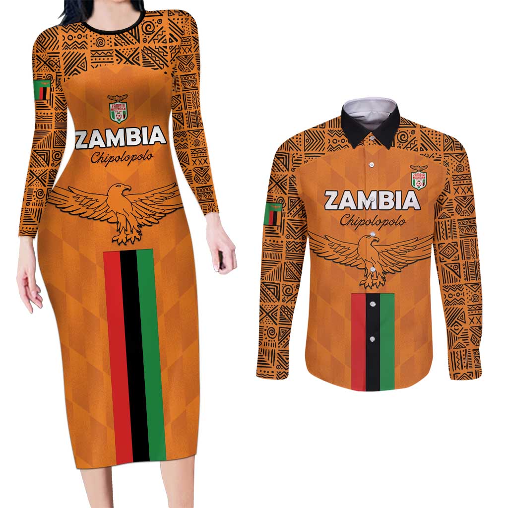 Custom Zambia Football Couples Matching Long Sleeve Bodycon Dress and Long Sleeve Button Shirt Go Chipolopolo Go - Wonder Print Shop