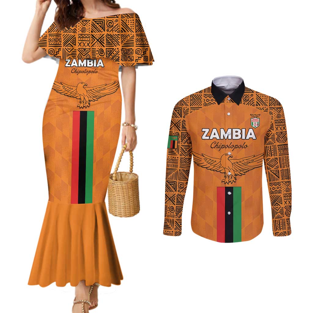 Custom Zambia Football Couples Matching Mermaid Dress and Long Sleeve Button Shirt Go Chipolopolo Go - Wonder Print Shop