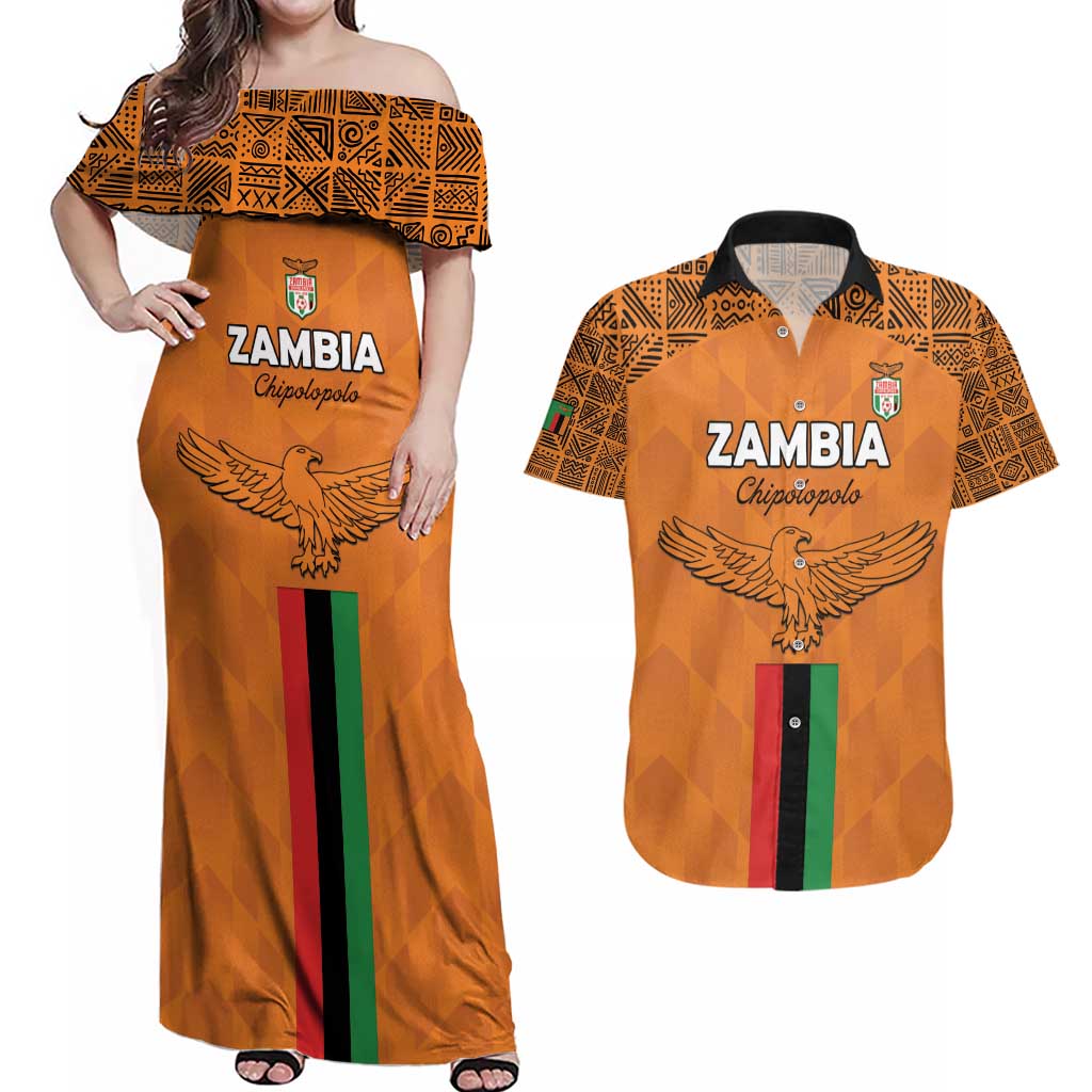 Custom Zambia Football Couples Matching Off Shoulder Maxi Dress and Hawaiian Shirt Go Chipolopolo Go - Wonder Print Shop