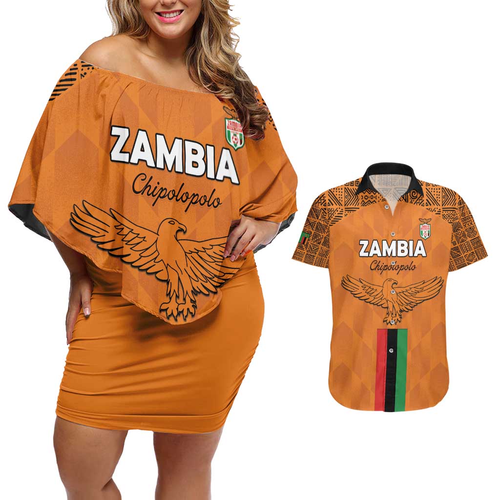 Custom Zambia Football Couples Matching Off Shoulder Short Dress and Hawaiian Shirt Go Chipolopolo Go - Wonder Print Shop