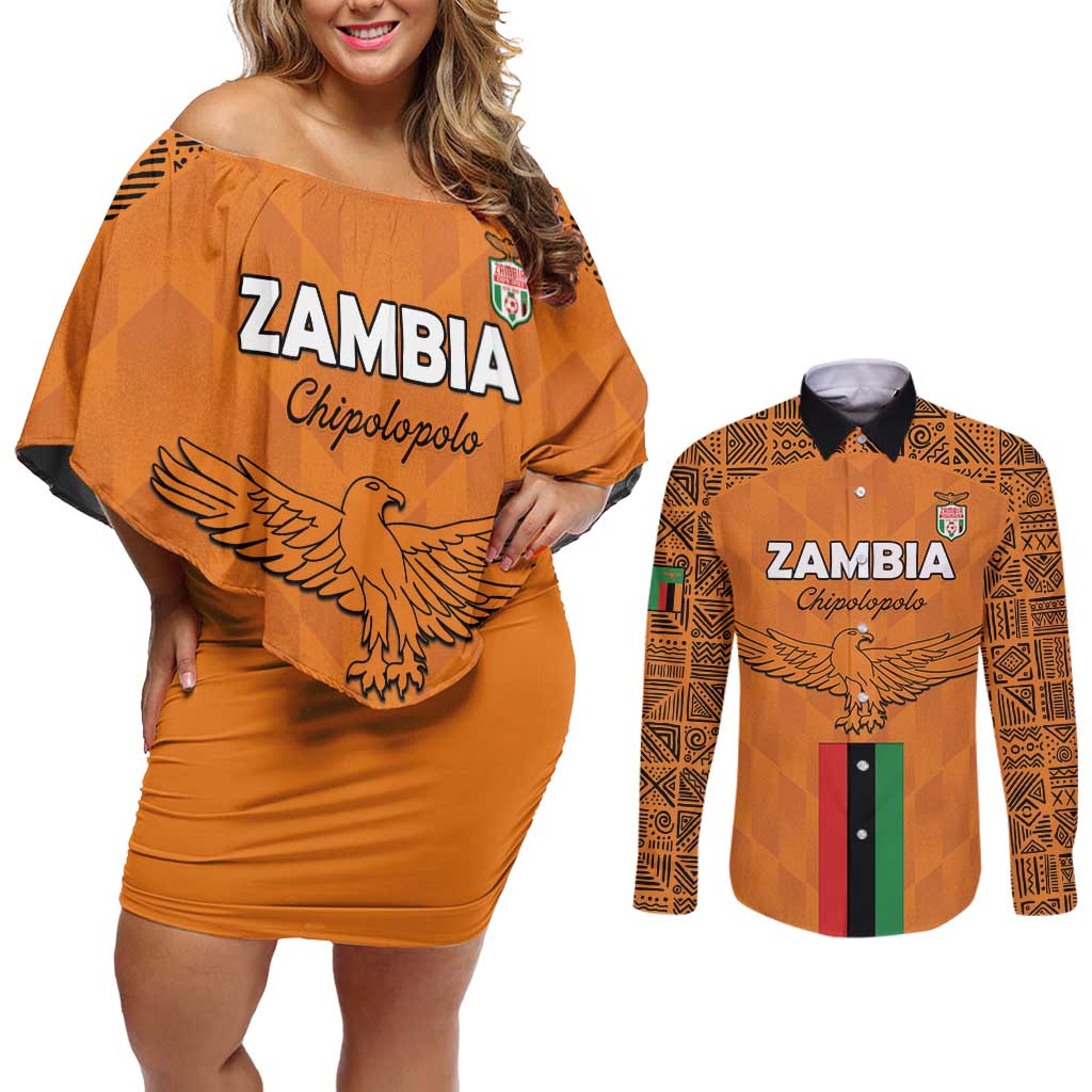 Custom Zambia Football Couples Matching Off Shoulder Short Dress and Long Sleeve Button Shirt Go Chipolopolo Go - Wonder Print Shop