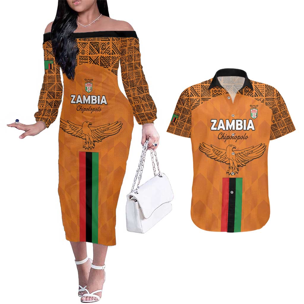 Custom Zambia Football Couples Matching Off The Shoulder Long Sleeve Dress and Hawaiian Shirt Go Chipolopolo Go - Wonder Print Shop