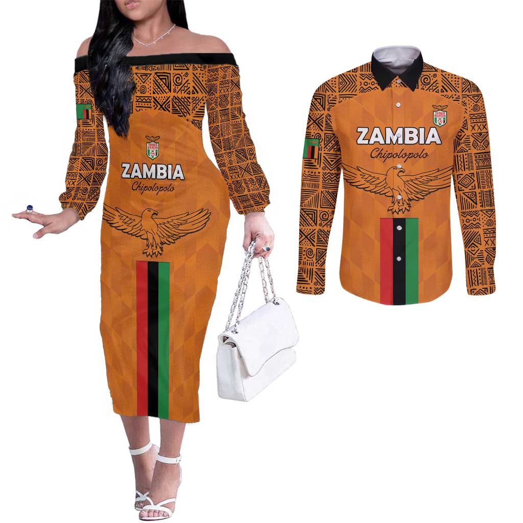Custom Zambia Football Couples Matching Off The Shoulder Long Sleeve Dress and Long Sleeve Button Shirt Go Chipolopolo Go - Wonder Print Shop