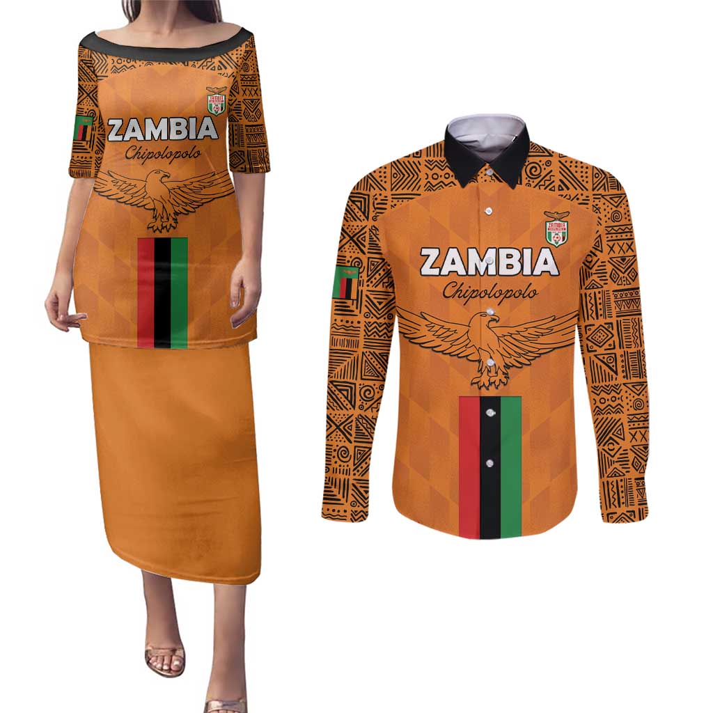 Custom Zambia Football Couples Matching Puletasi and Long Sleeve Button Shirt Go Chipolopolo Go - Wonder Print Shop